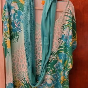 Womens size 3x blue green sequin top with infinity scarf